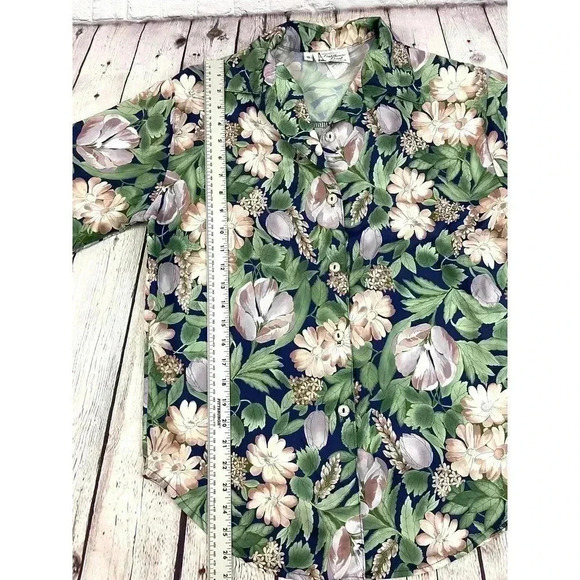 VTG Floral Button Up Blouse Top SMALL Short Sleeve Lighthouse Point Green Pink - Picture 10 of 12